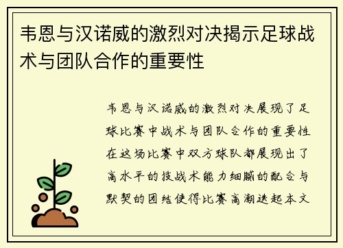 韦恩与汉诺威的激烈对决揭示足球战术与团队合作的重要性 韦恩与汉诺威的激烈对决揭示足球战术与团队合作的重要性